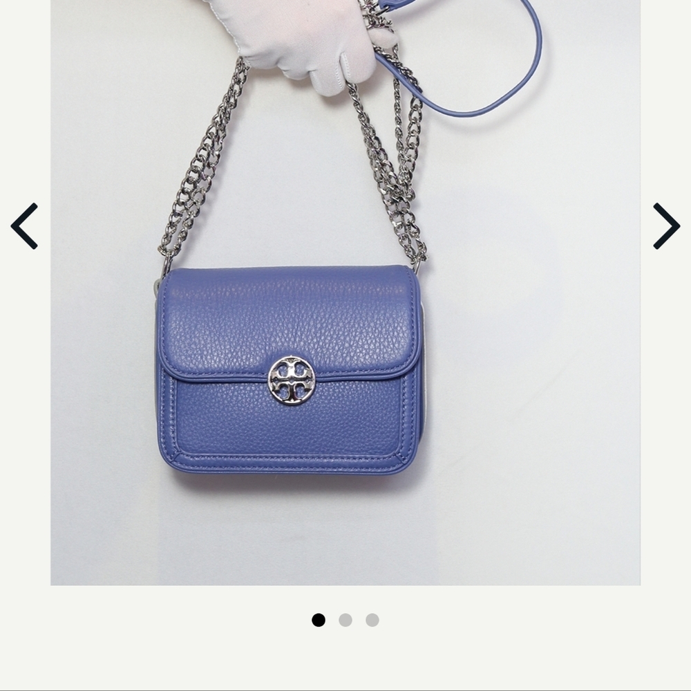 Tory Burch Duet Chain Micro shoulder purse bag in Marlon blue pebbled leather - Picture 2 of 15